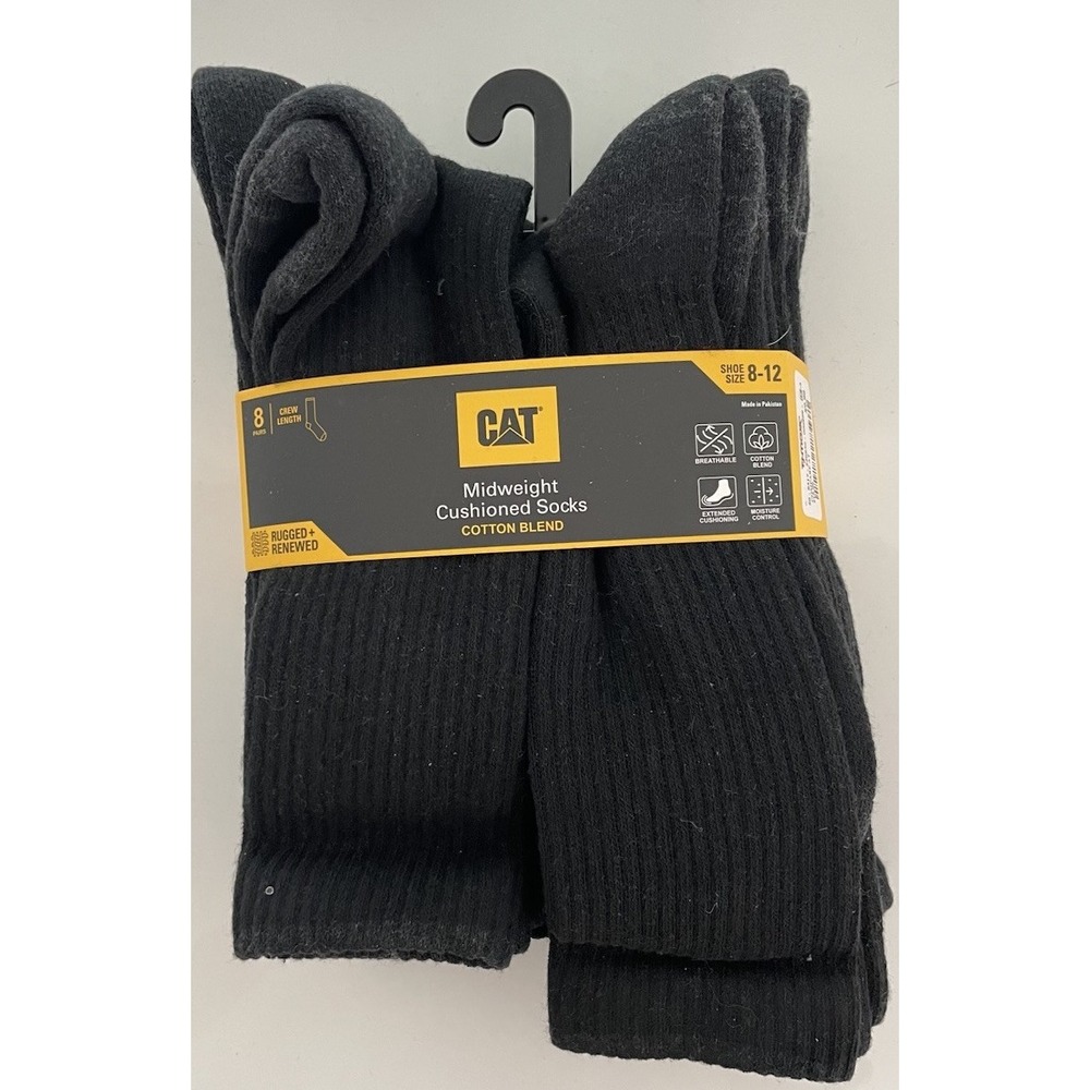 CATERPILLAR Mens Cat Black Crew Socks Mid-Weight  Cushion 8 Pack Size 8-12